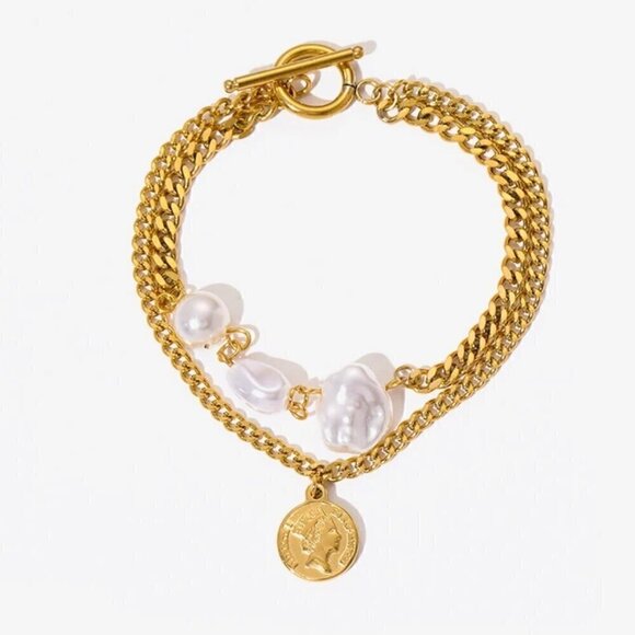 NWT 14K Gold Plated Two Strands Coin Charm Pearl Bracelet 7” - Picture 6 of 13